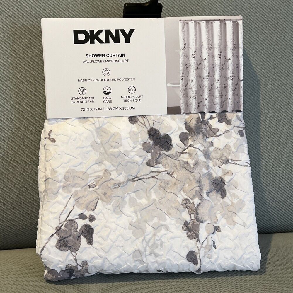 DKNY Wallflower Microsculpt Fabric Shower Curtain Floral Shades Of Gray New